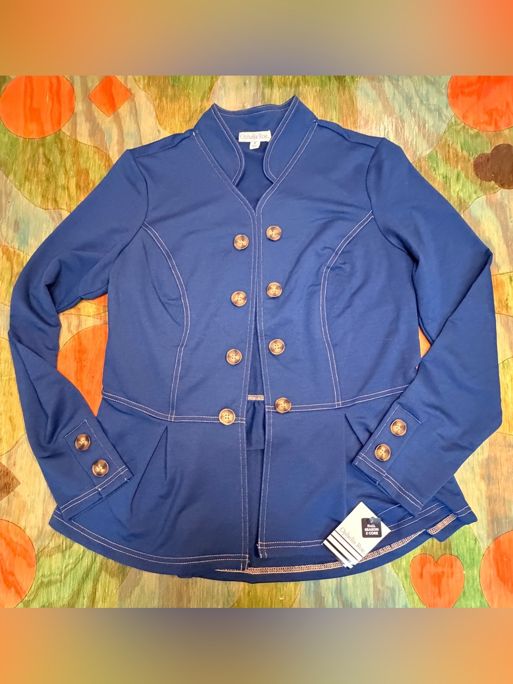 Ophelia Roe Womens Blazer Jacket Blue Sz Medium Button Down Vintage Look Polyest
